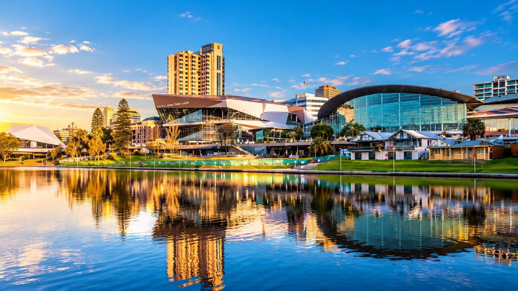 Adelaide skyline reflected in the River Torrens at sunset