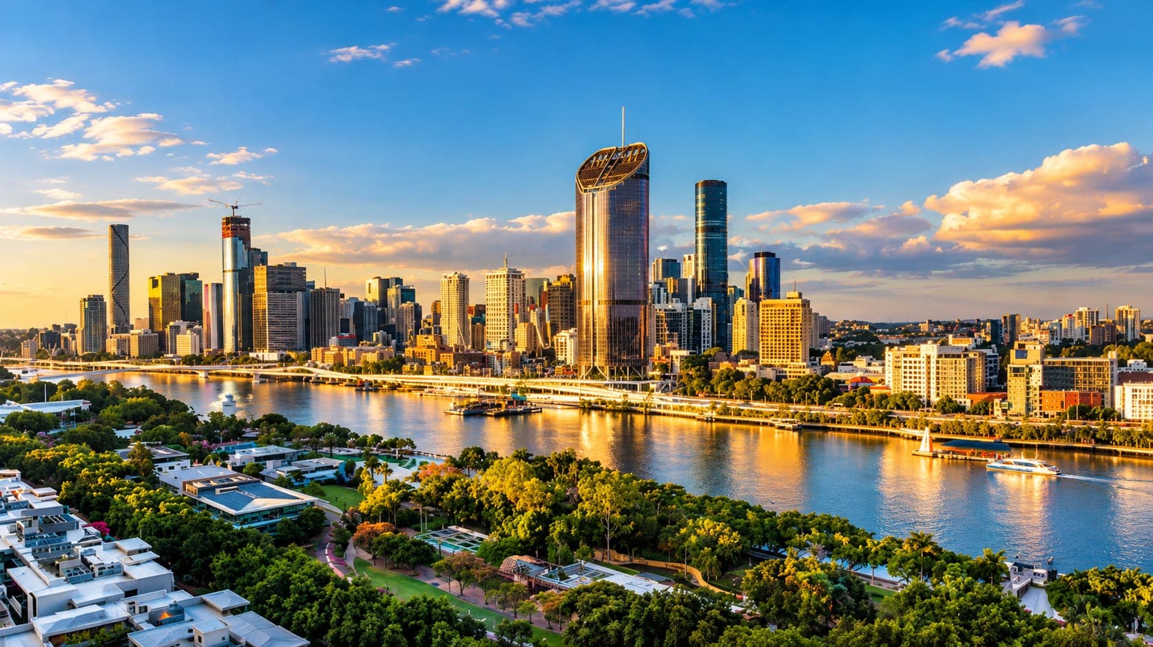 Brisbane skyline along the river at sunset