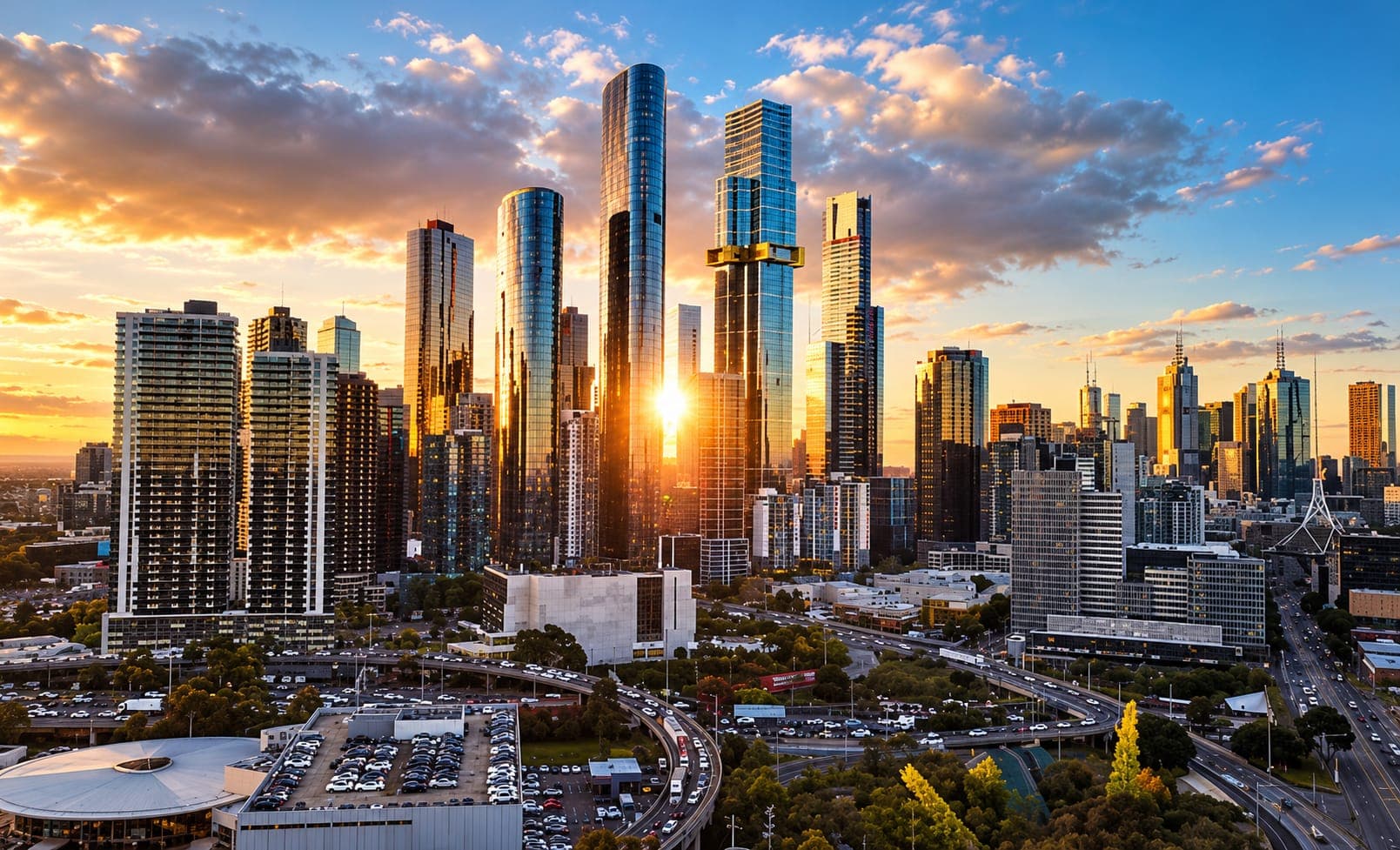Melbourne skyline towers lit by the sunset