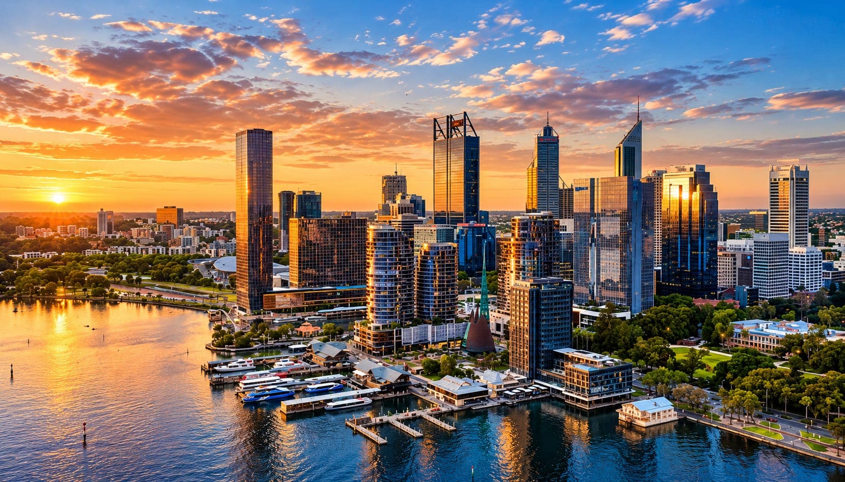 Perth skyline and the Swan River at sunset