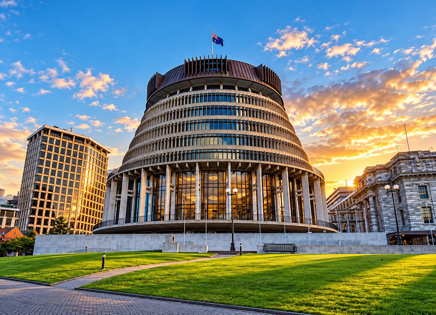 The Beehive, New Zealand's Parliament building, in Wellington at sunset