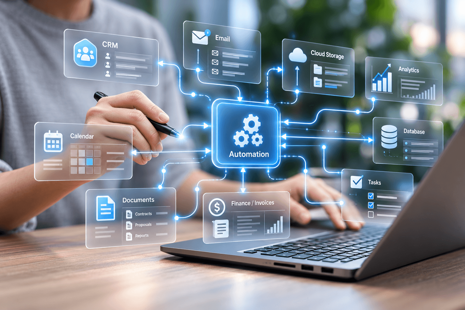 A diagram showing business tools connected through an automation hub