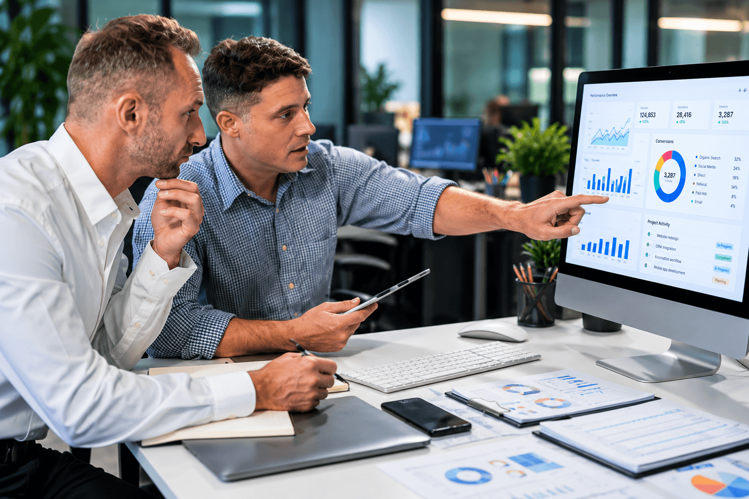 Two colleagues reviewing analytics together on a desktop monitor