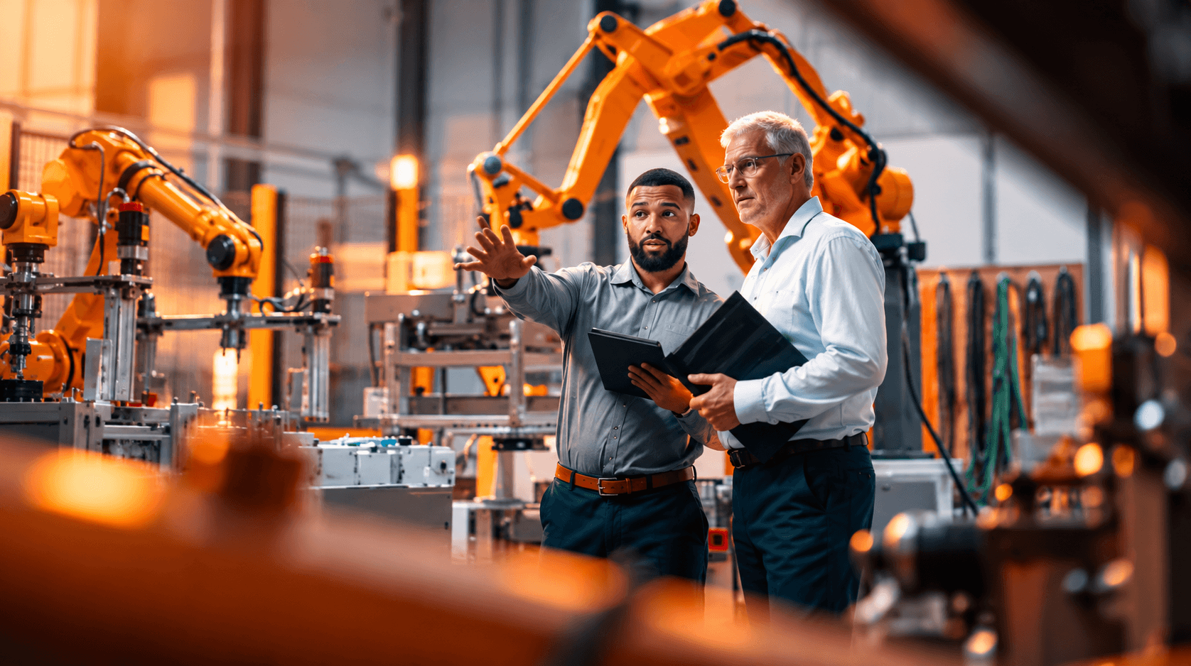 Two people reviewing automated equipment on a production floor