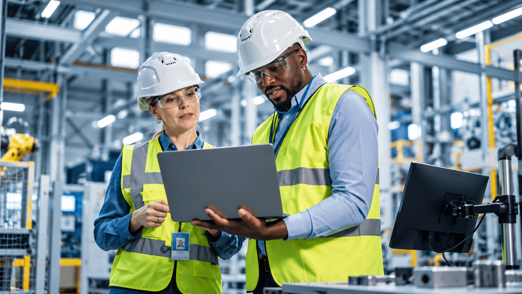 Two team members reviewing information together on a laptop