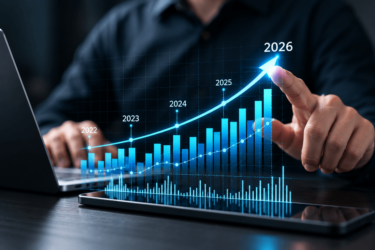 A hand pointing to a business growth chart trending upward