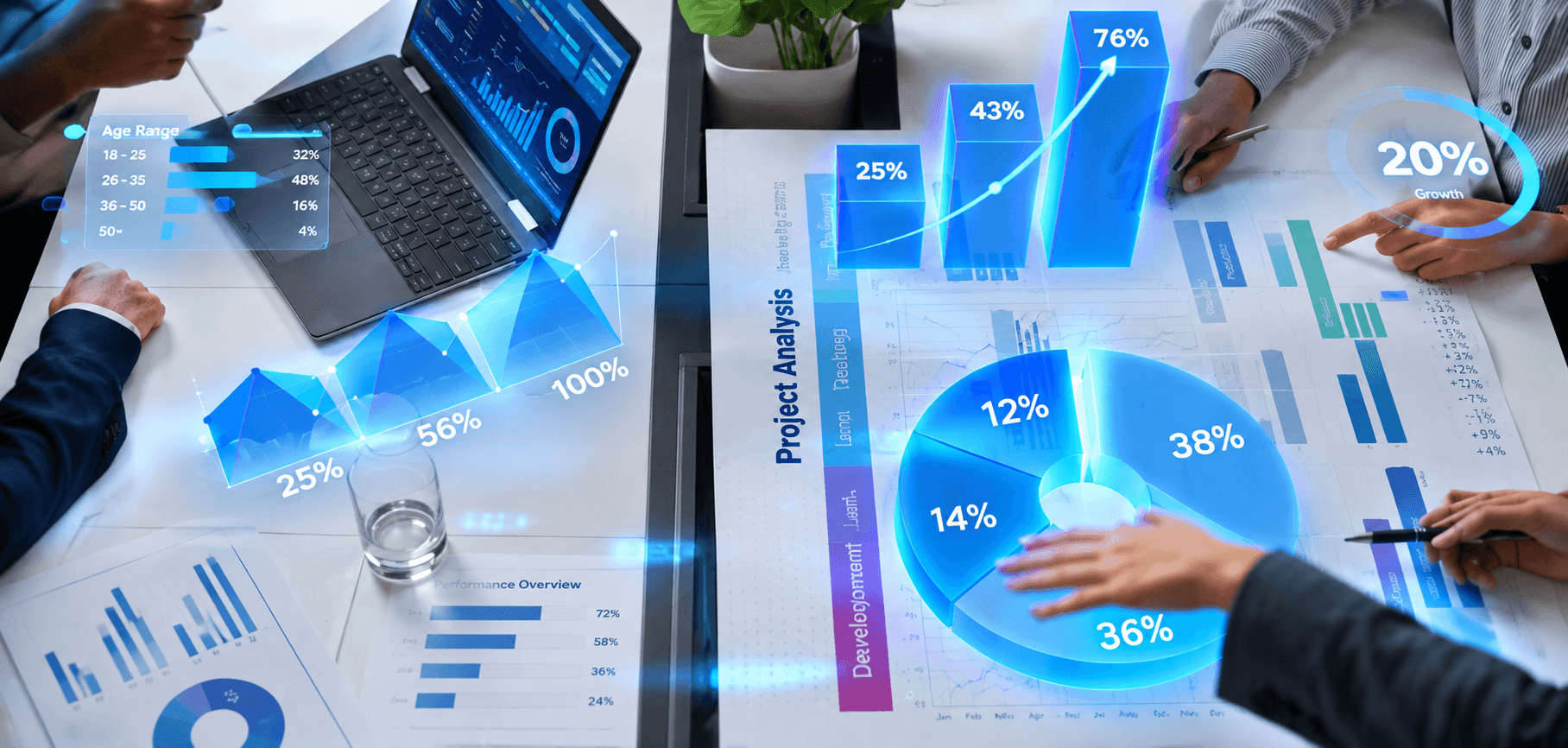 Hands reviewing printed charts and a tablet showing project analytics