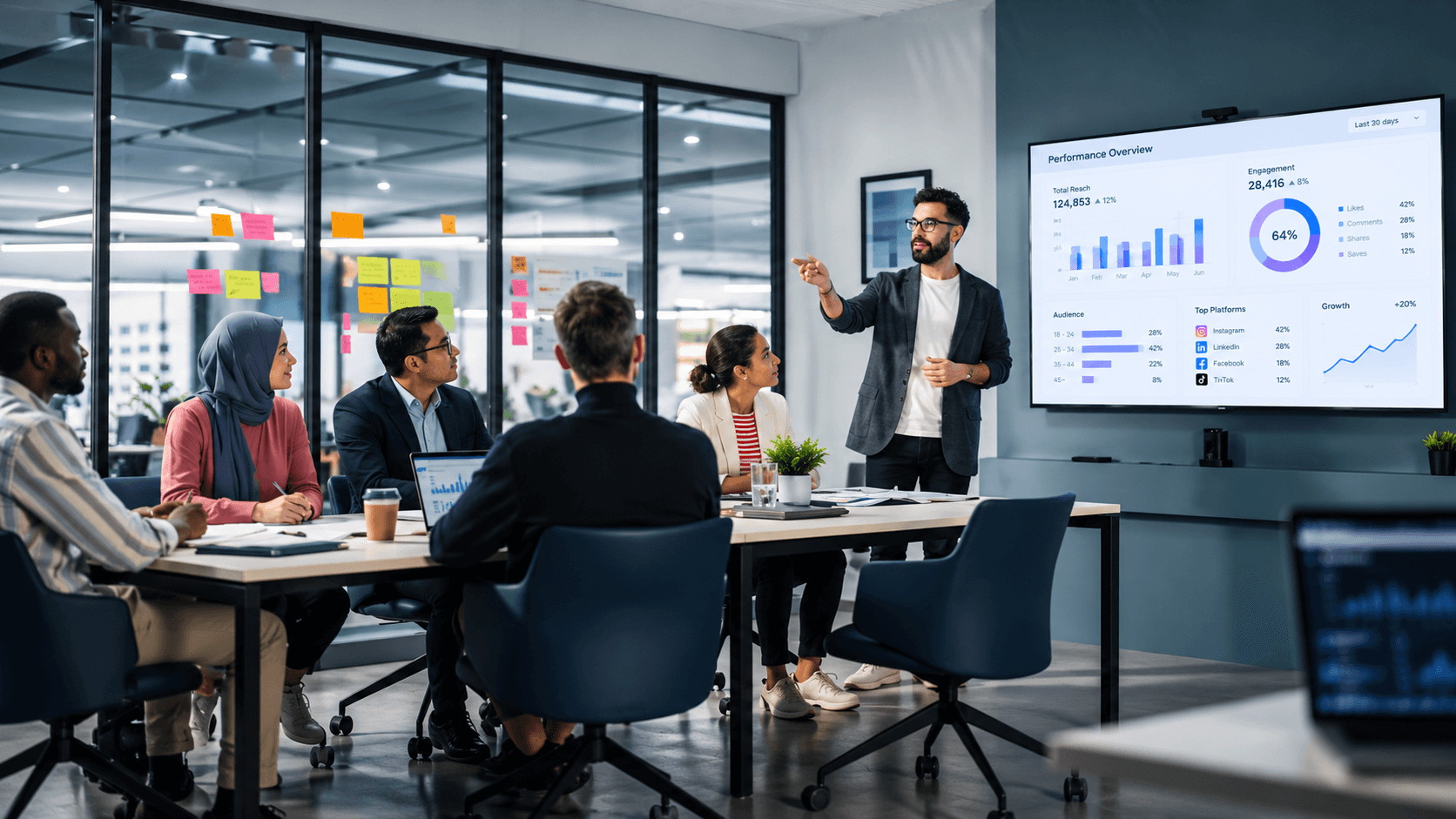 A team reviewing a performance dashboard during a meeting