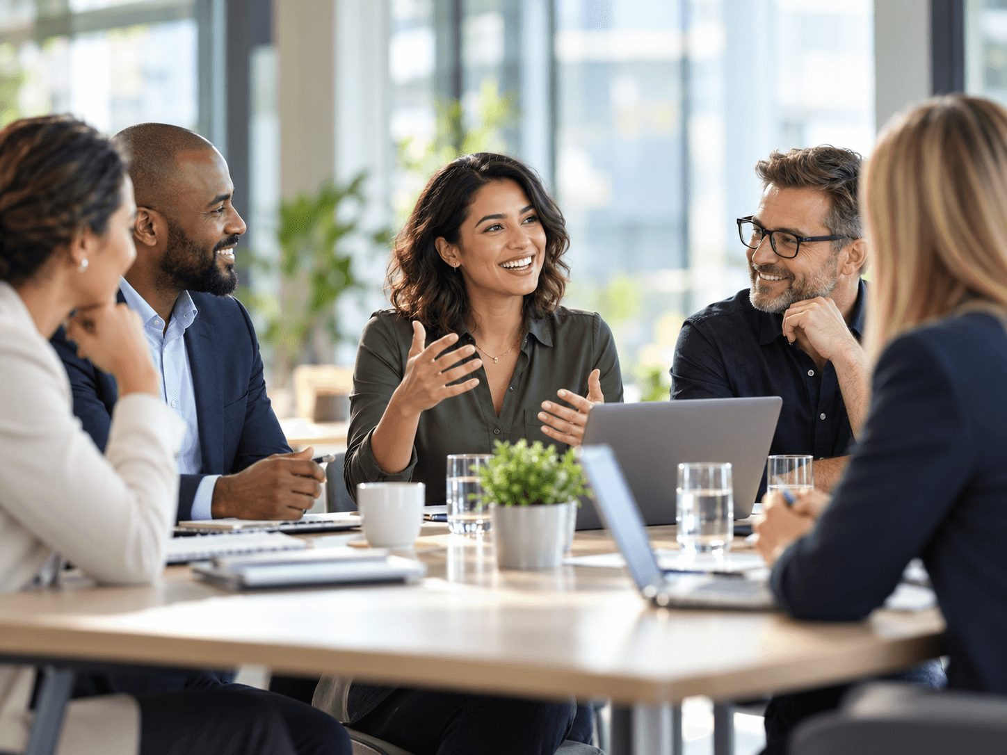 A team discussing a project together around a meeting table
