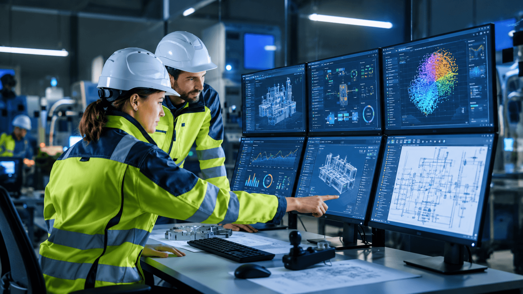 Two engineers reviewing system data across multiple monitors