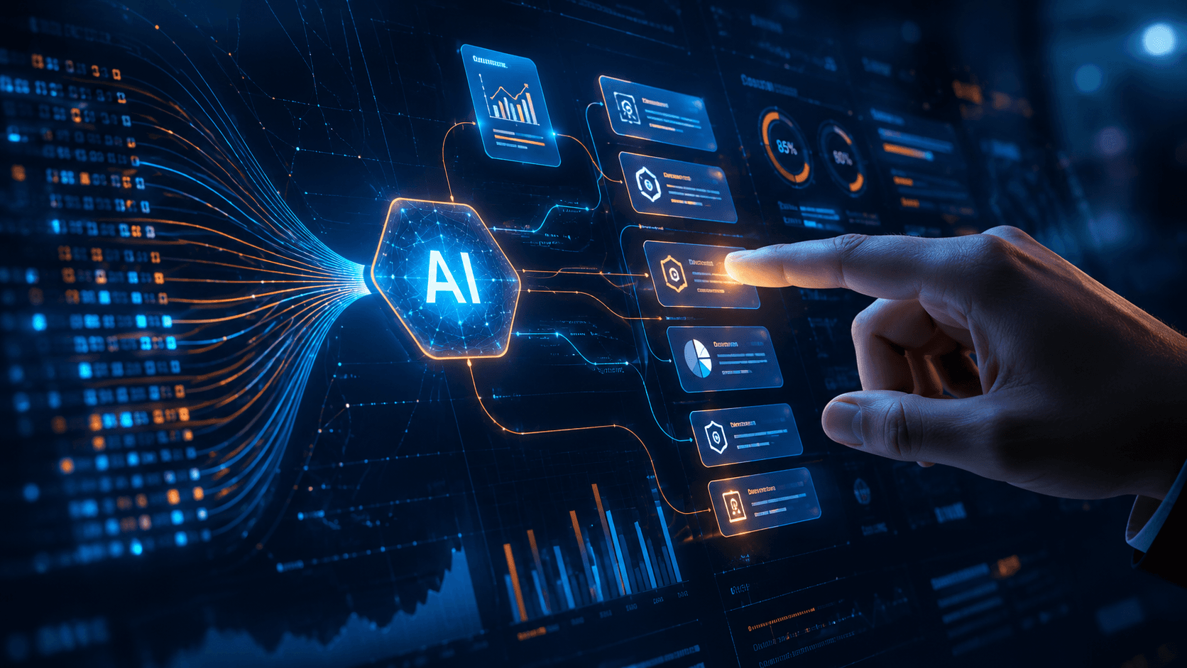 A hand touching a glowing AI interface panel connected to streams of data