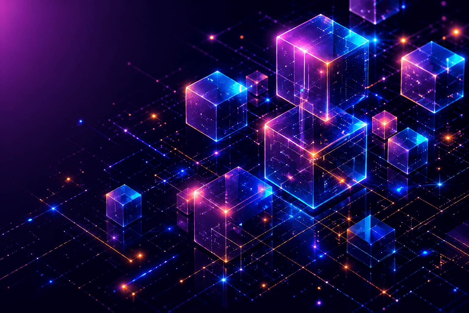 Glowing blue and purple cubes linked by fine lines on a dark background