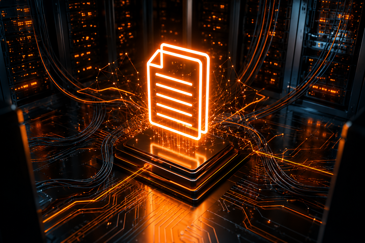 A glowing document icon representing automated administrative processing