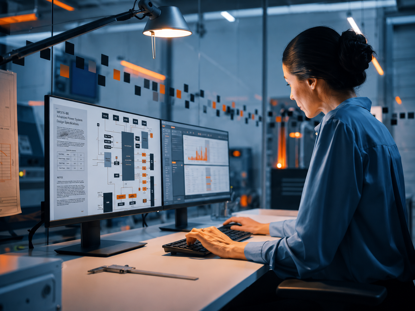 Person reviewing automation system diagrams on dual monitors