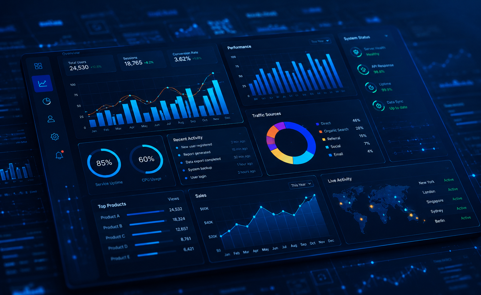 Dark analytics dashboard with charts and system status panels