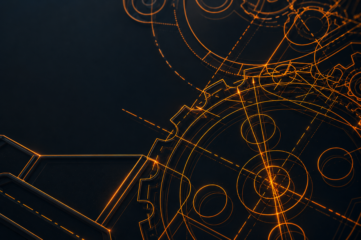 Orange technical blueprint lines representing construction workflow automation
